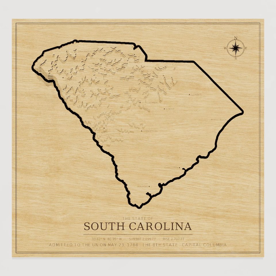 South Carolina carved relief map, front view