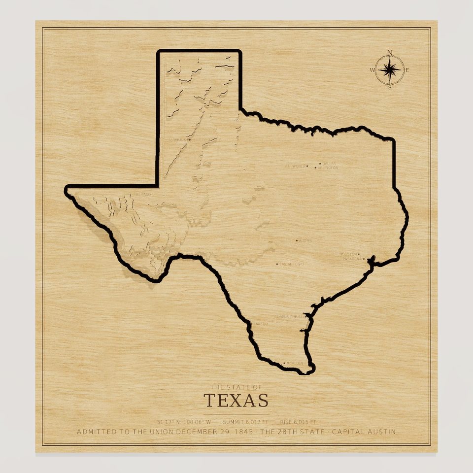 Texas carved relief map, front view