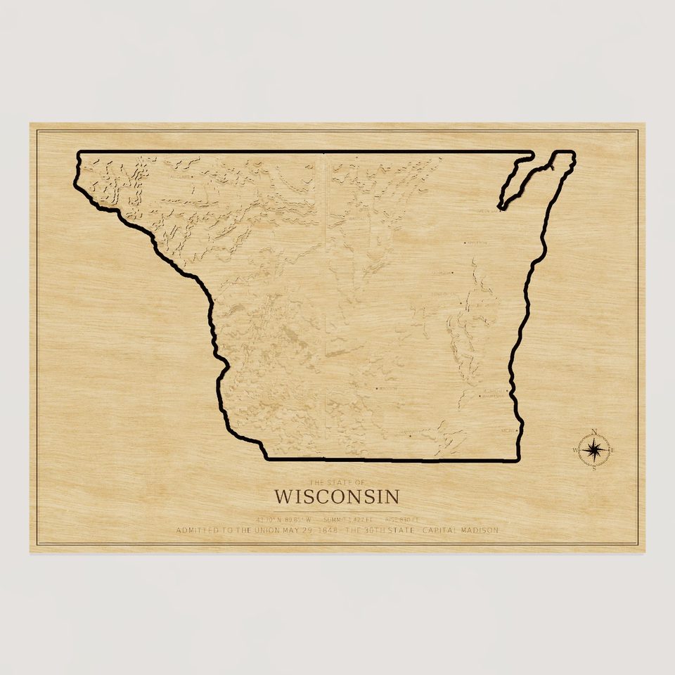 Wisconsin carved relief map, front view
