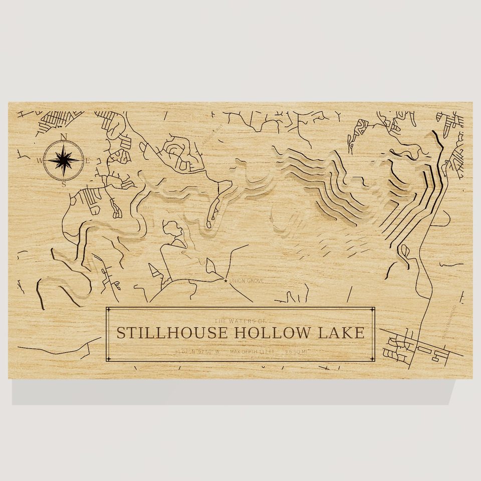 Stillhouse Hollow Lake 3D wood map, front view