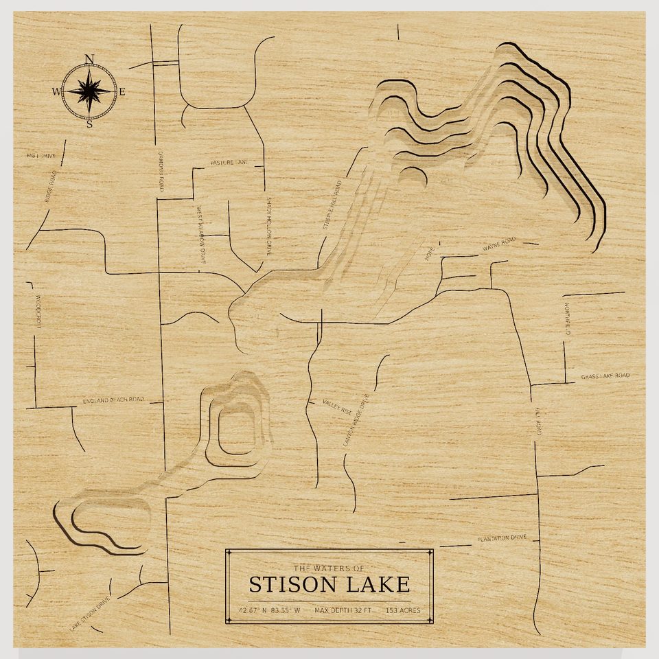 Stison Lake 3D wood map, front view