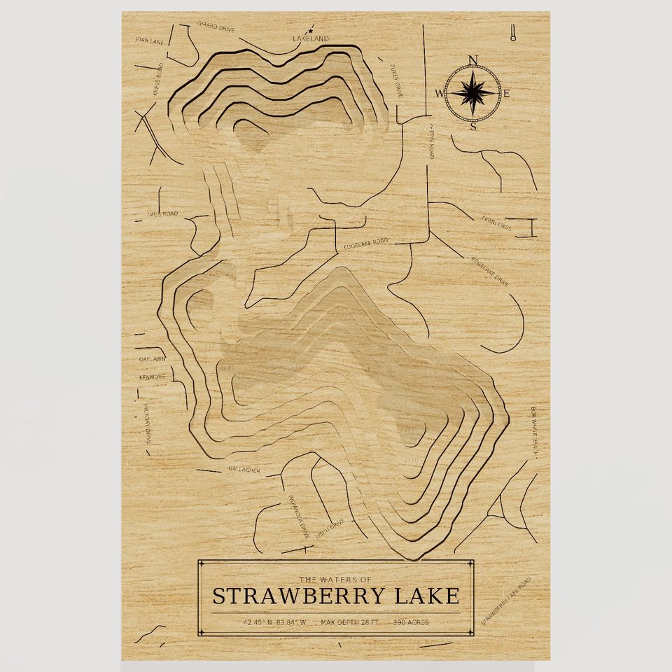 Strawberry Lake 3D wood map, front view