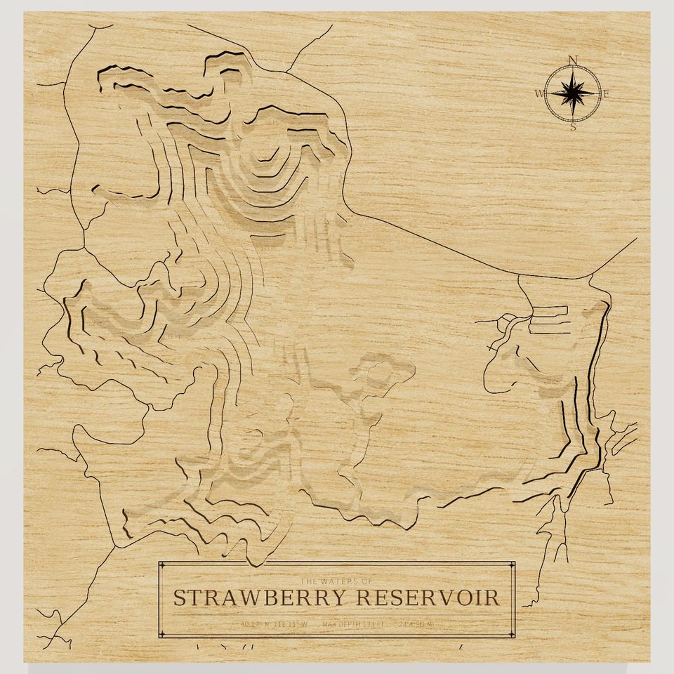 Strawberry Reservoir 3D wood map, front view