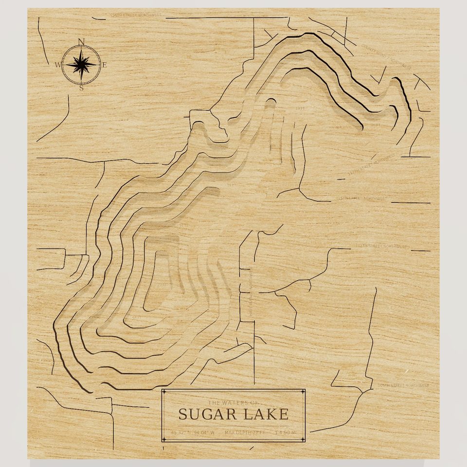 Sugar Lake 3D wood map, front view