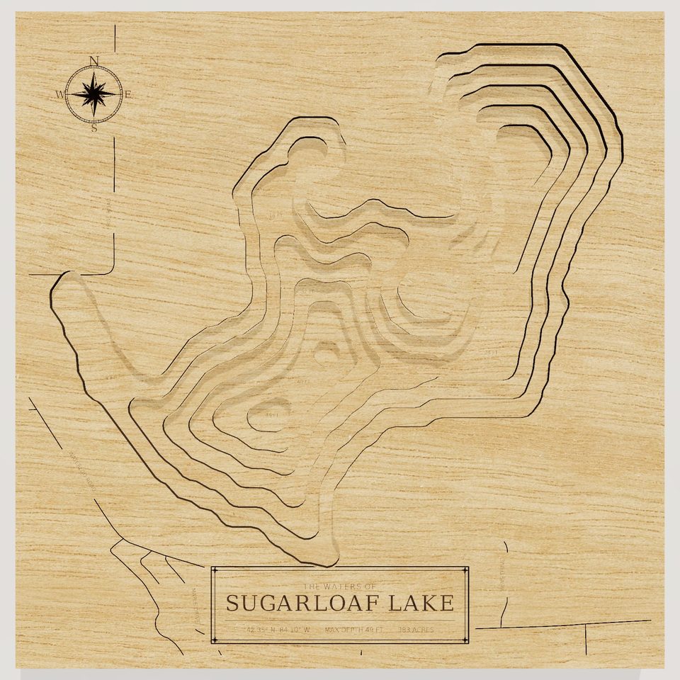 Sugarloaf Lake 3D wood map, front view