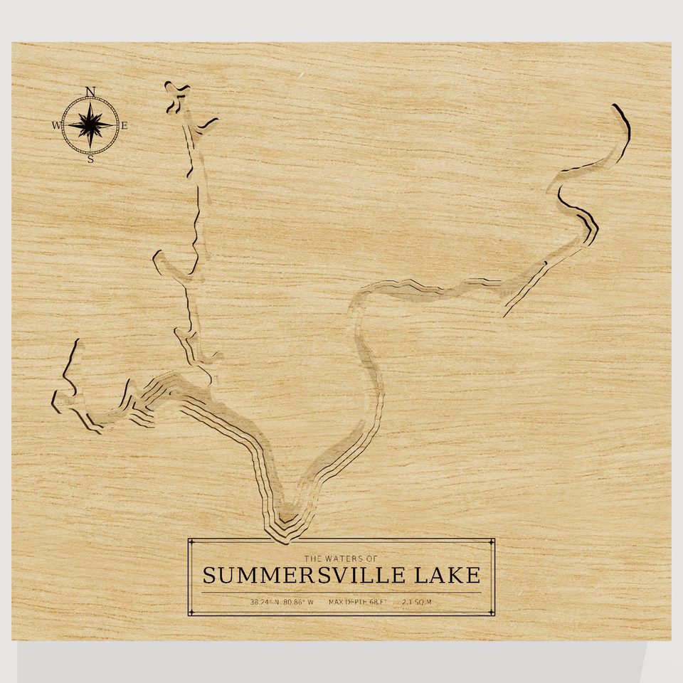 Summersville Lake 3D wood map, front view