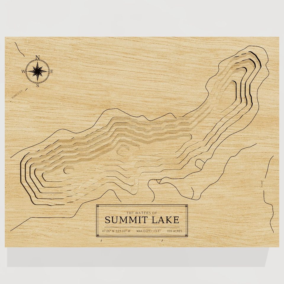 Summit Lake 3D wood map, front view