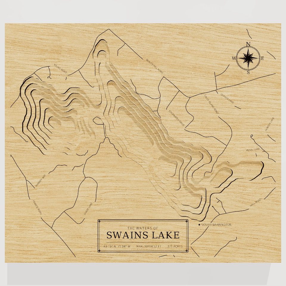 Swains Lake 3D wood map, front view