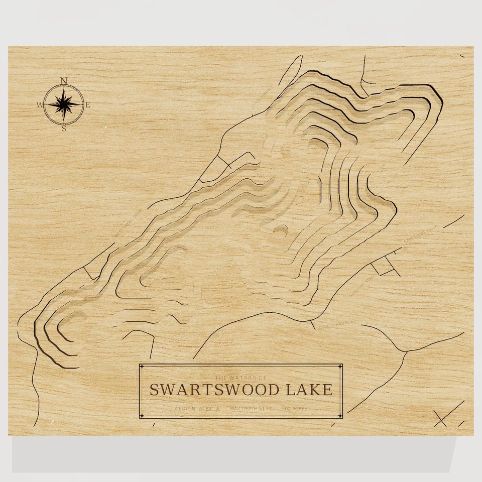 Swartswood Lake 3D wood map, front view