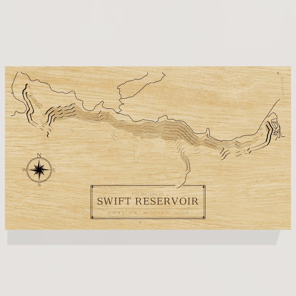 Swift Reservoir 3D wood map, front view