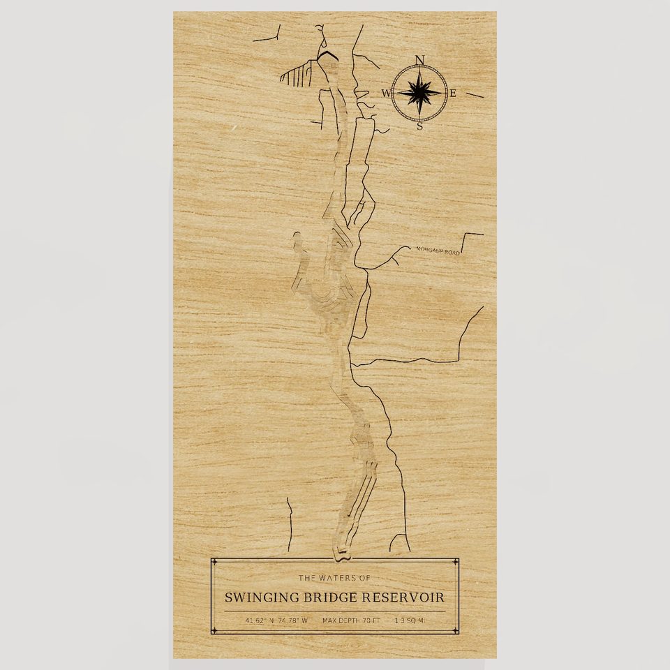 Swinging Bridge Reservoir 3D wood map, front view
