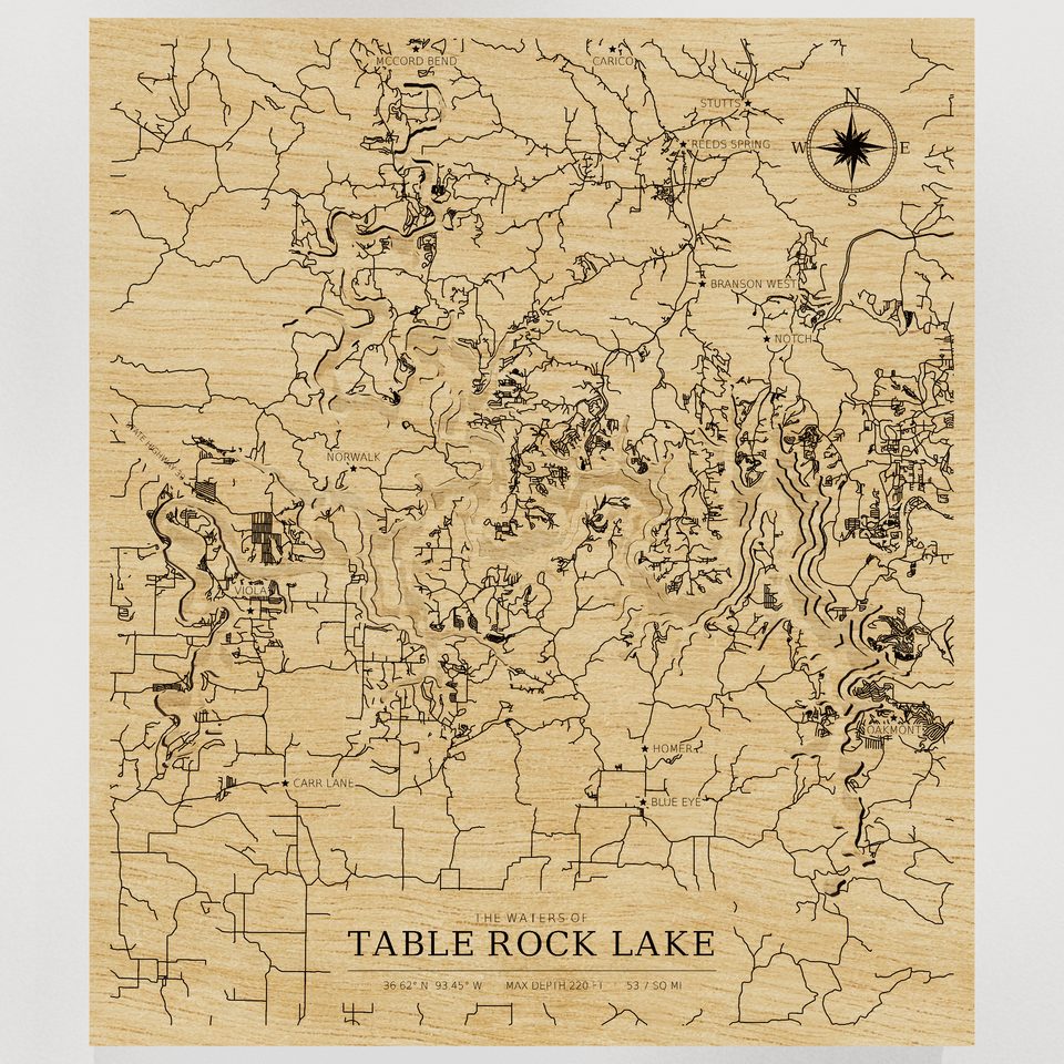 Table Rock Lake 3D wood map, front view