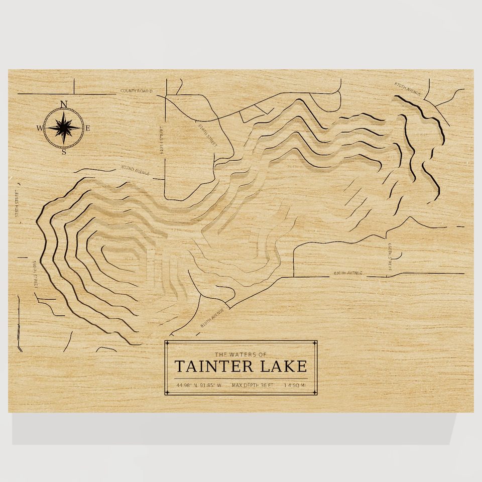 Tainter Lake 3D wood map, front view