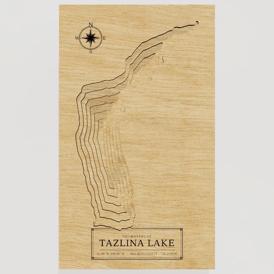 Tazlina Lake 3D wood map, front view