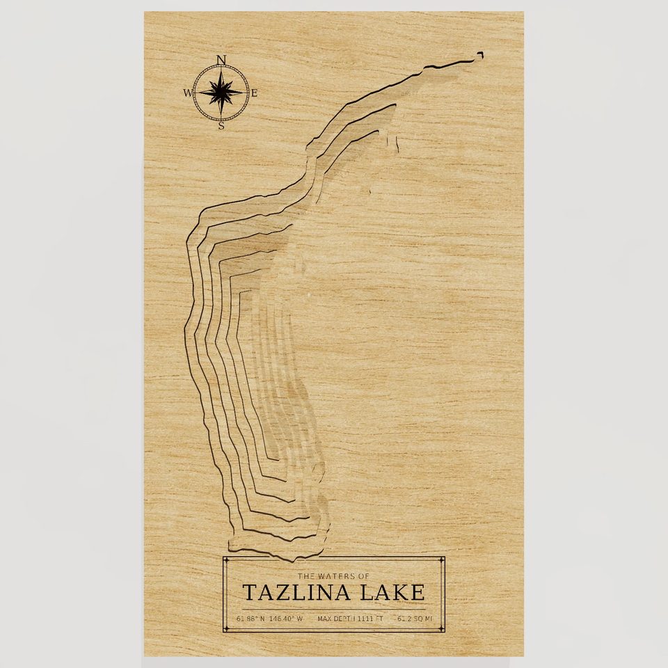 Tazlina Lake 3D wood map, front view