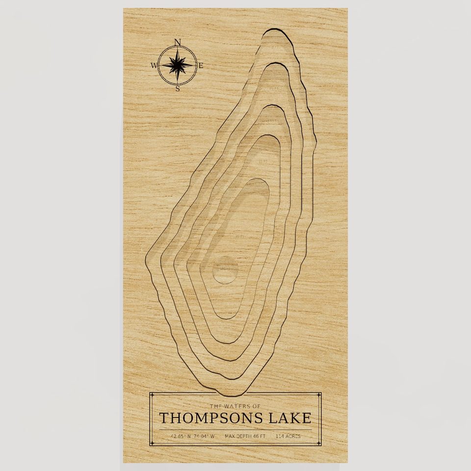 Thompsons Lake 3D wood map, front view