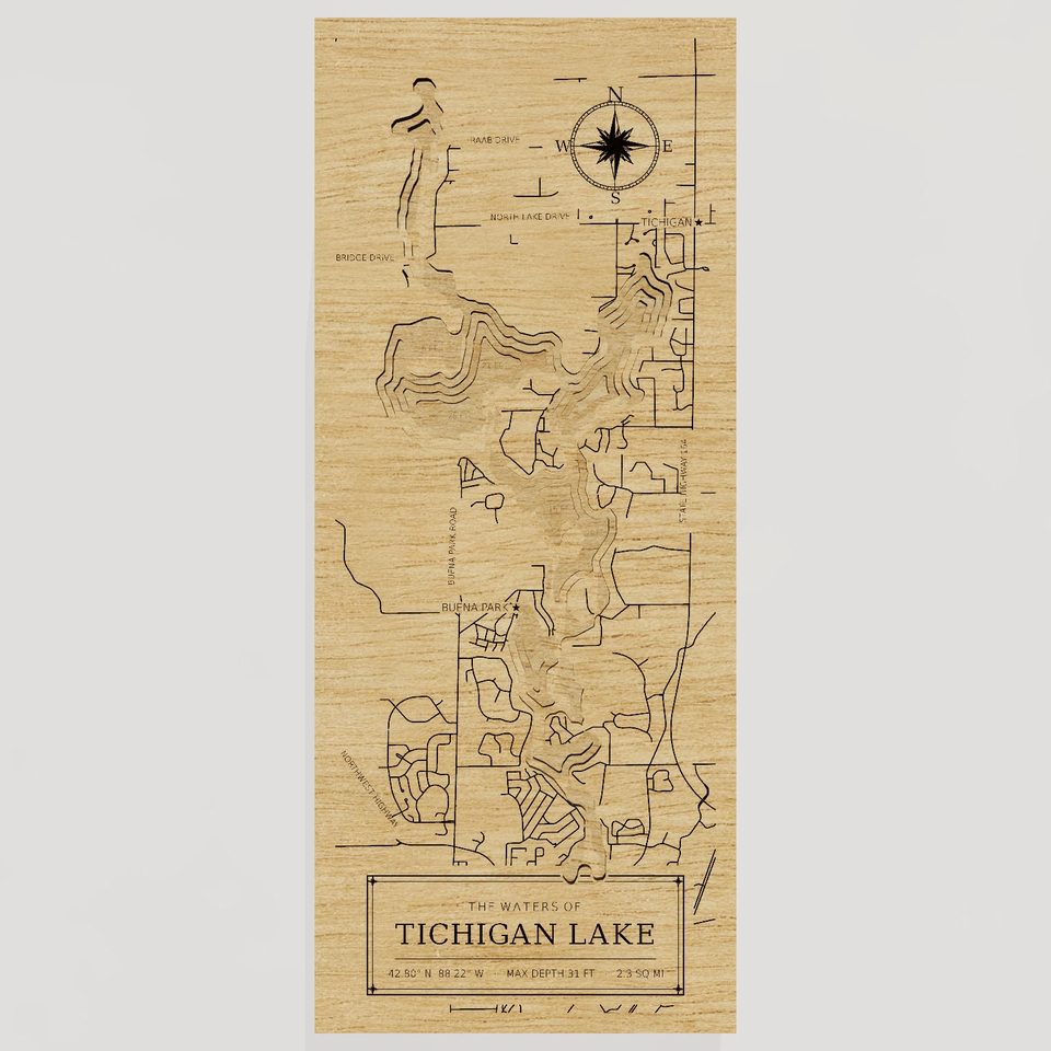 Tichigan Lake 3D wood map, front view