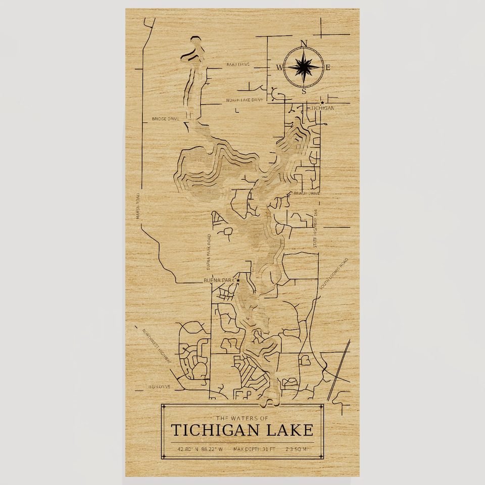 Tichigan Lake 3D wood map, front view