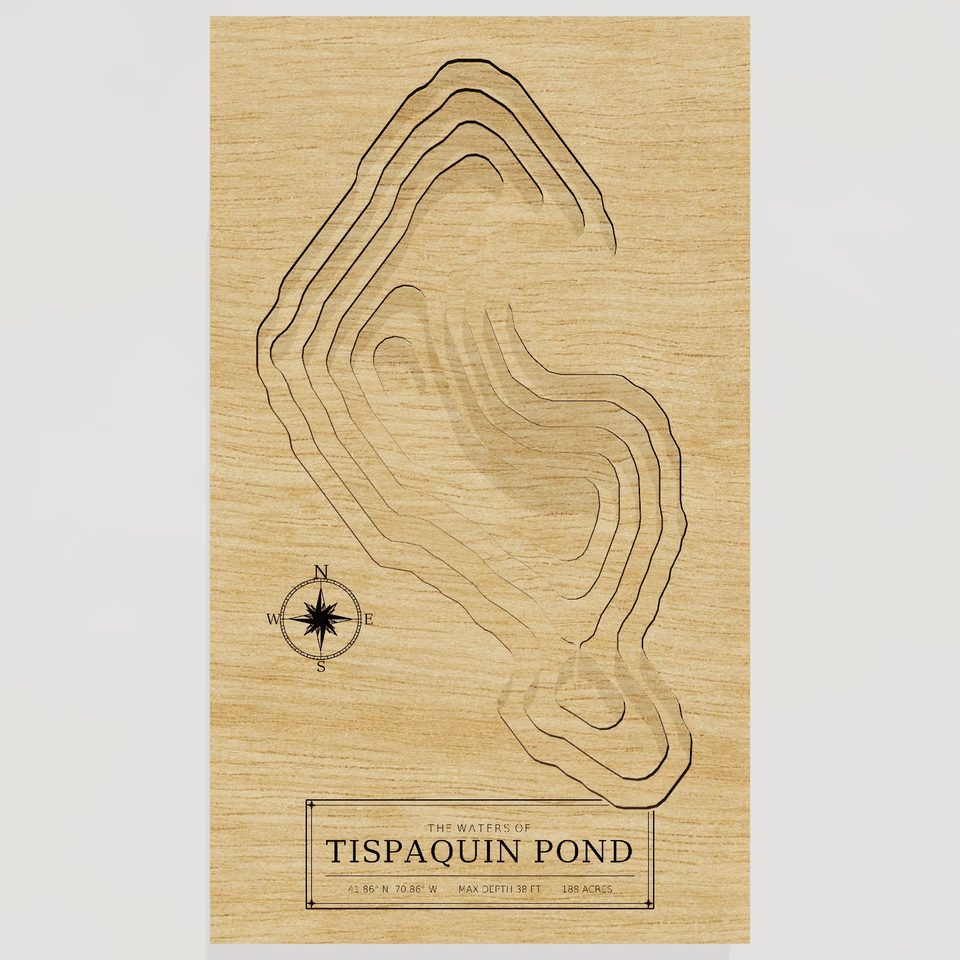 Tispaquin Pond 3D wood map, front view