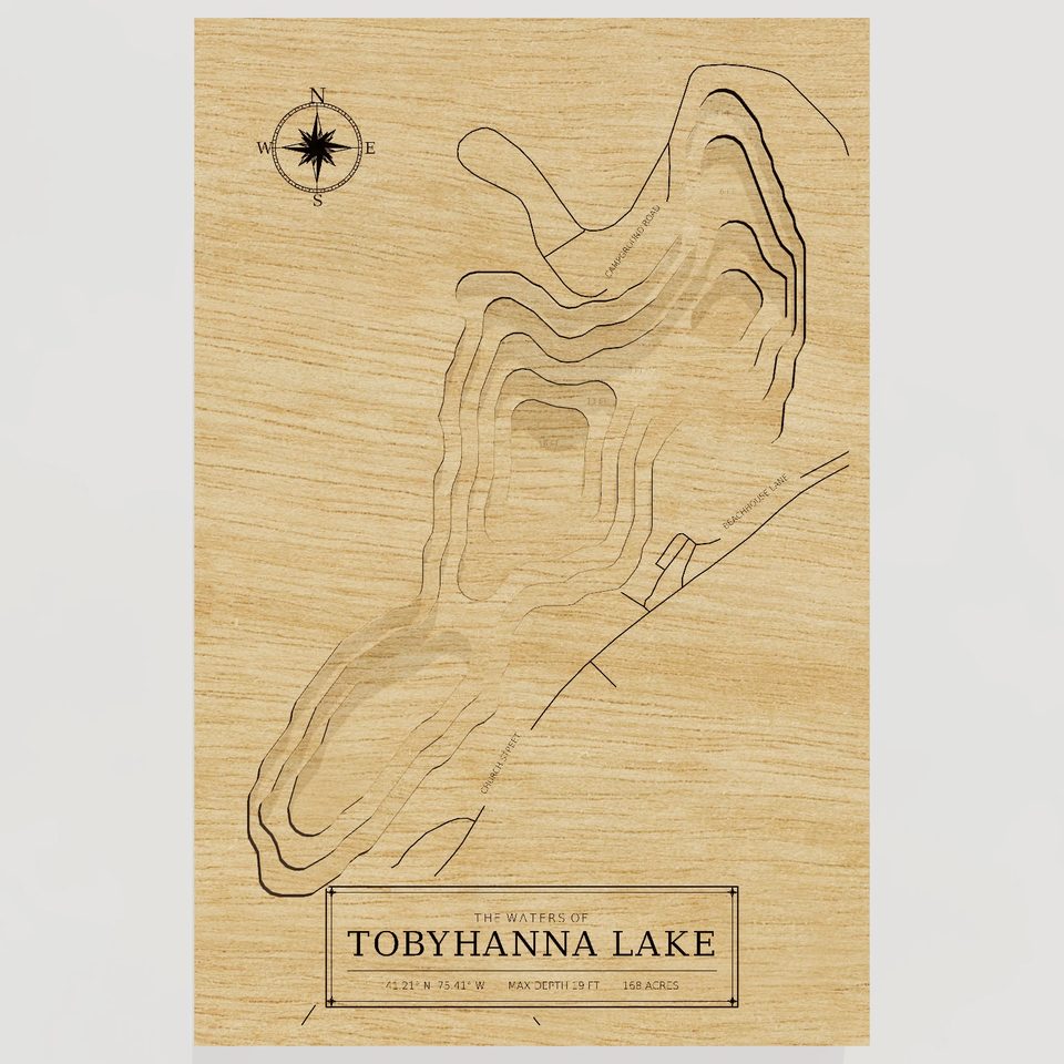 Tobyhanna Lake 3D wood map, front view