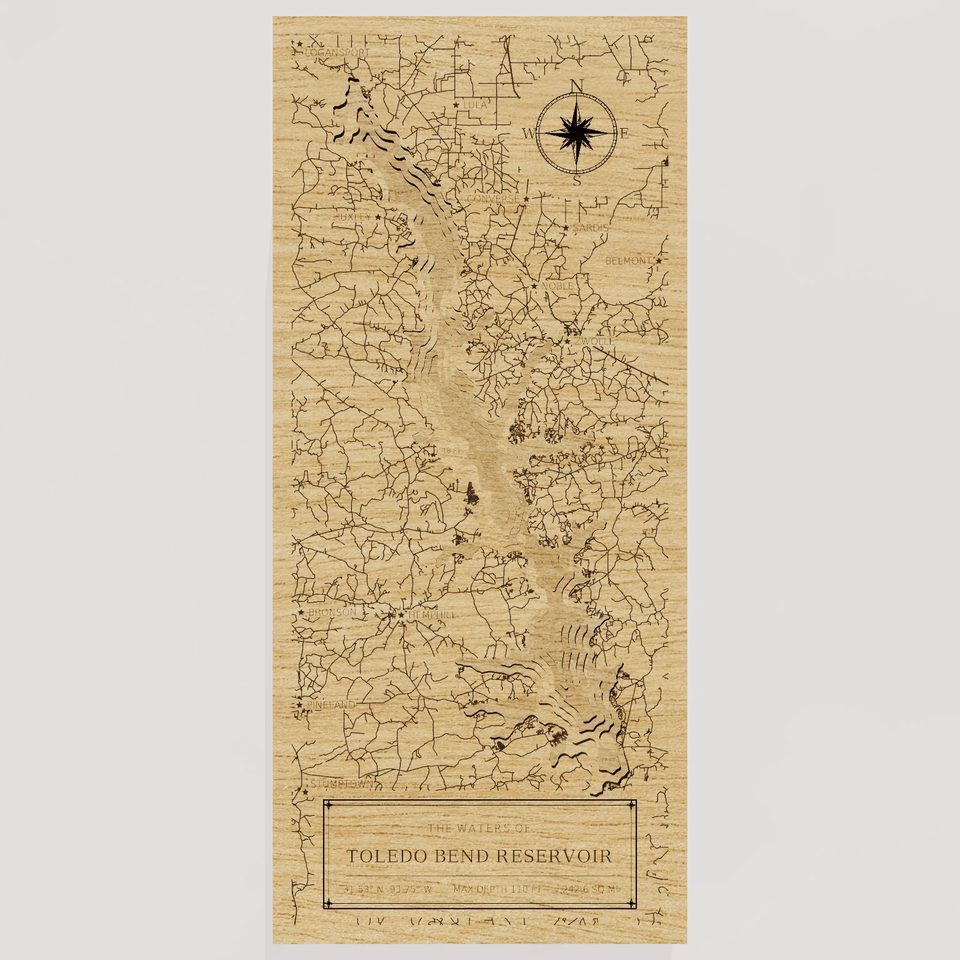 Toledo Bend Reservoir 3D wood map, front view