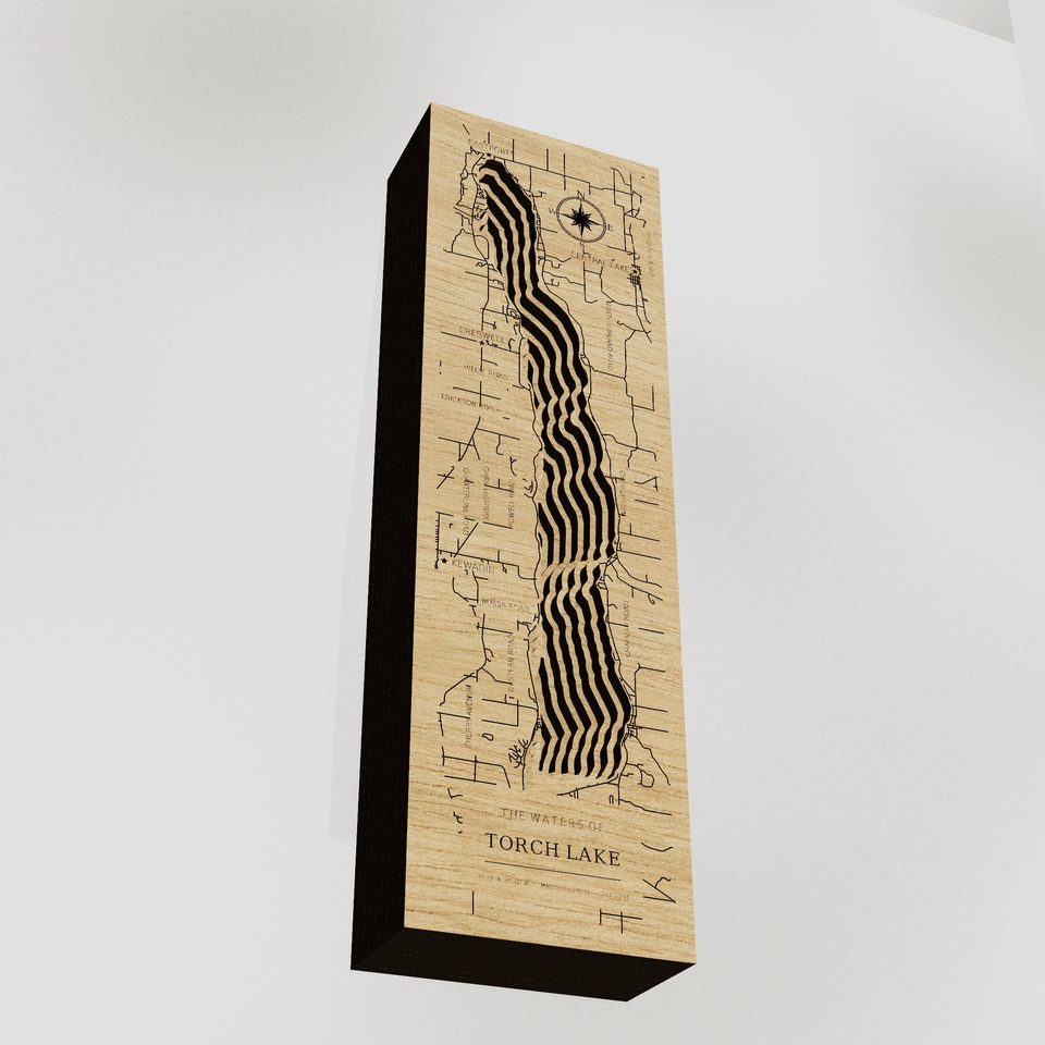 Torch Lake 3D wood map, angle low view