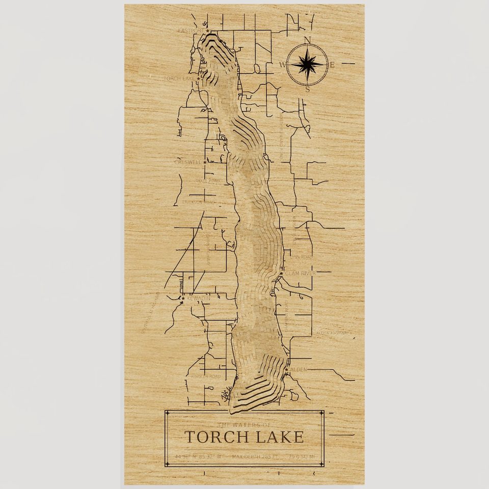 Torch Lake 3D wood map, front view