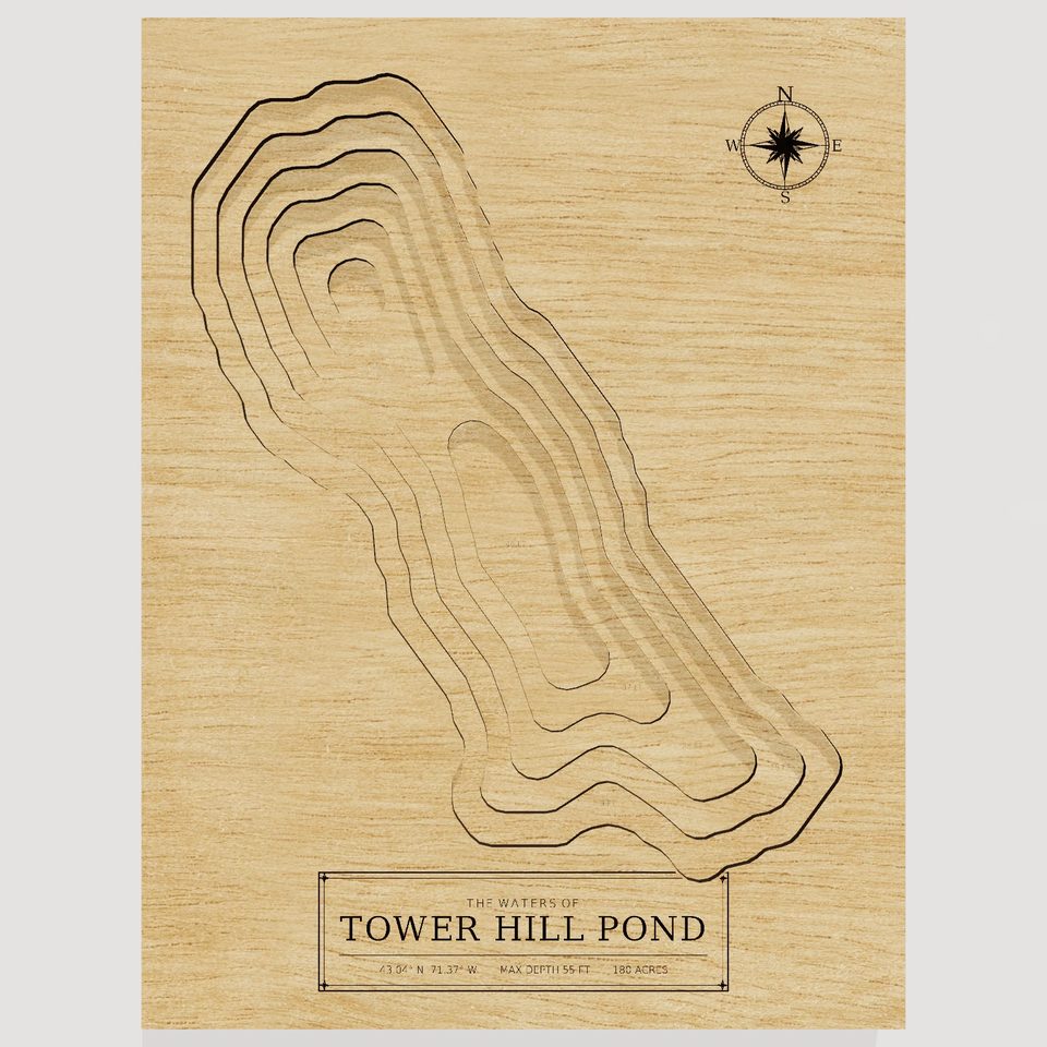 Tower Hill Pond 3D wood map, front view