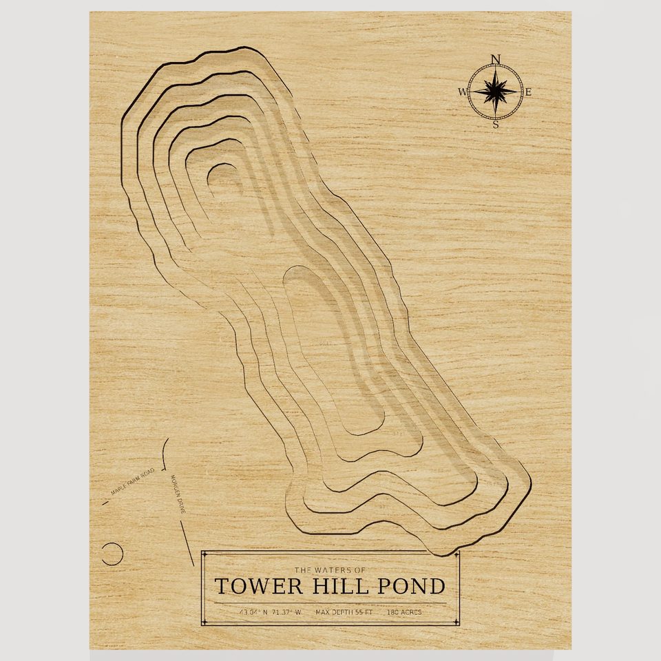 Tower Hill Pond 3D wood map, front view