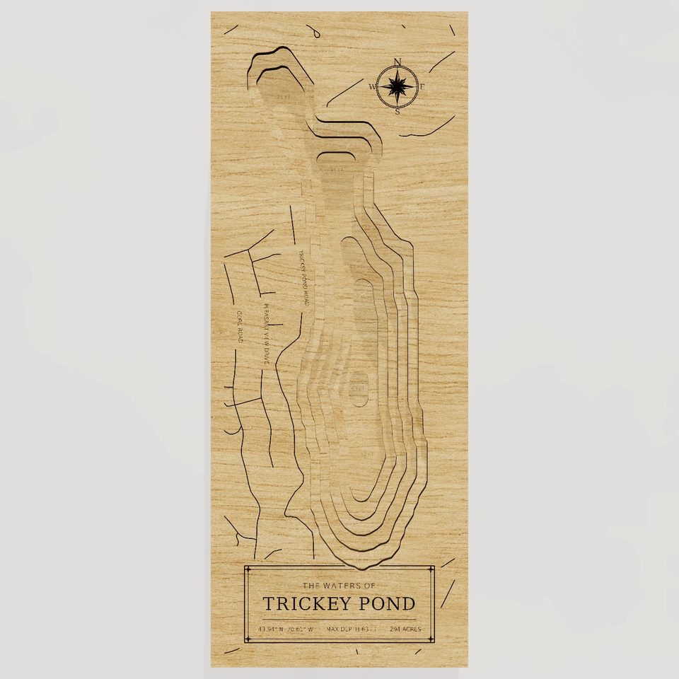 Trickey Pond 3D wood map, front view