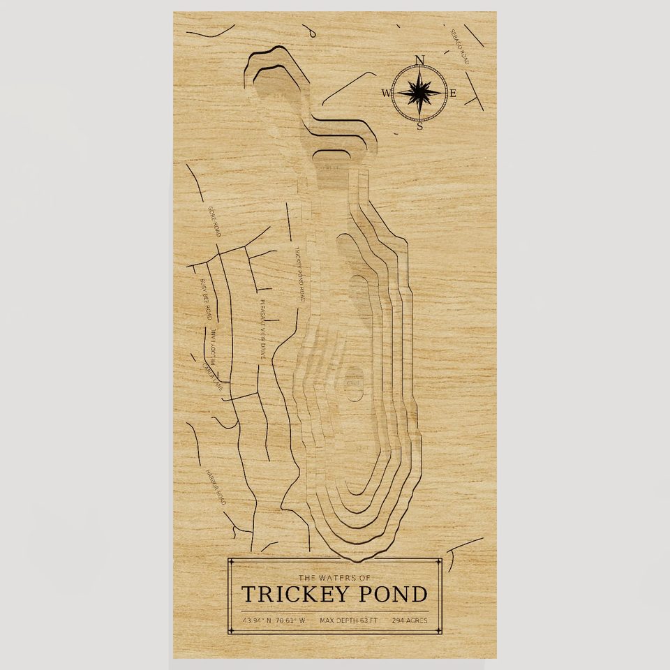 Trickey Pond 3D wood map, front view