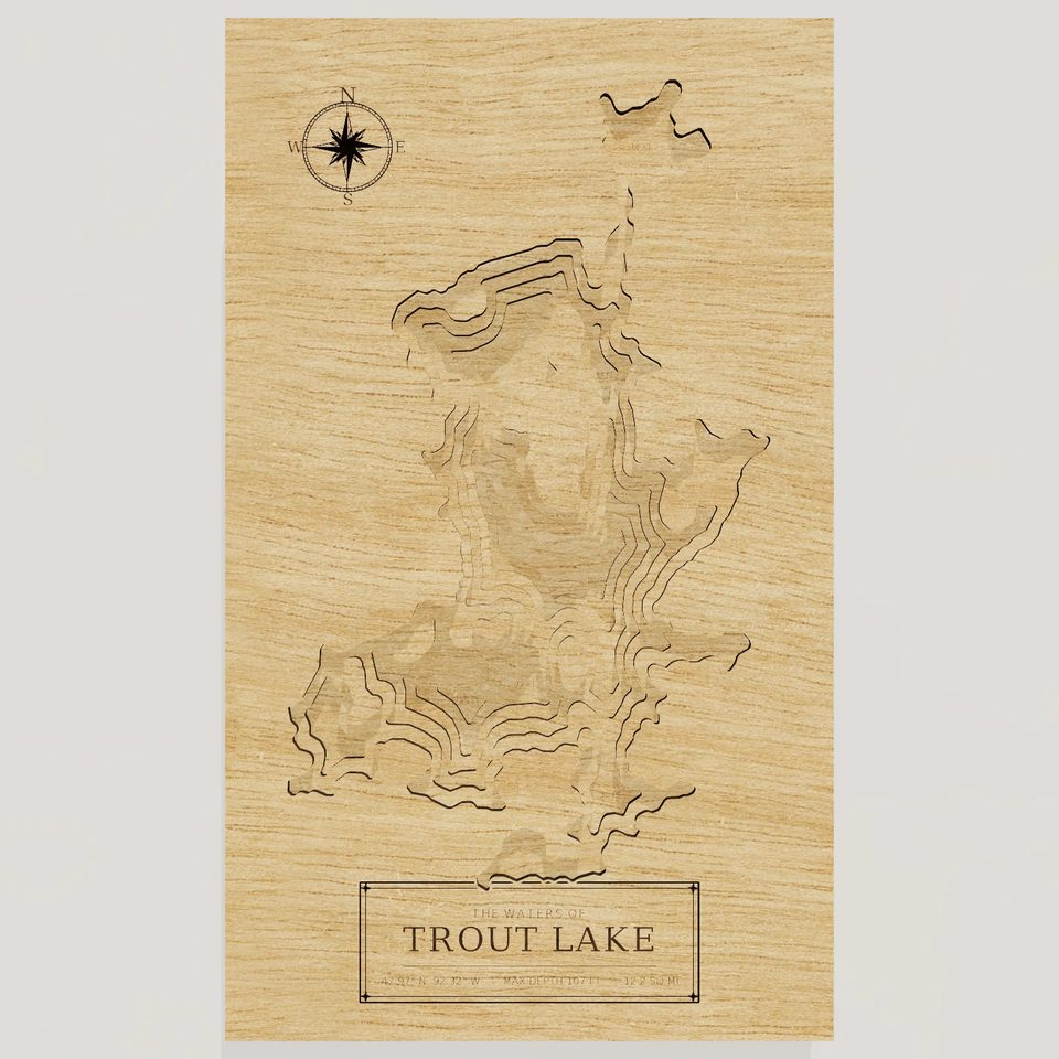 Trout Lake 3D wood map, front view