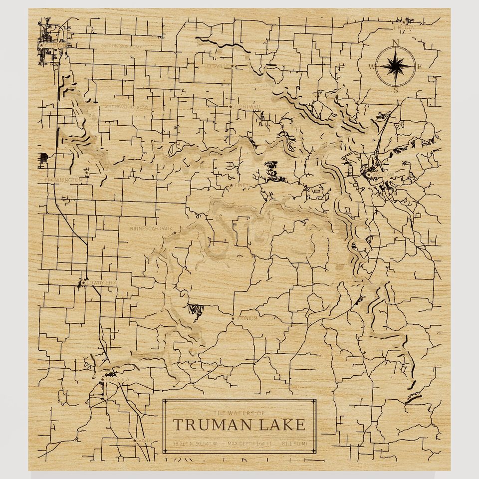 Truman Lake 3D wood map, front view