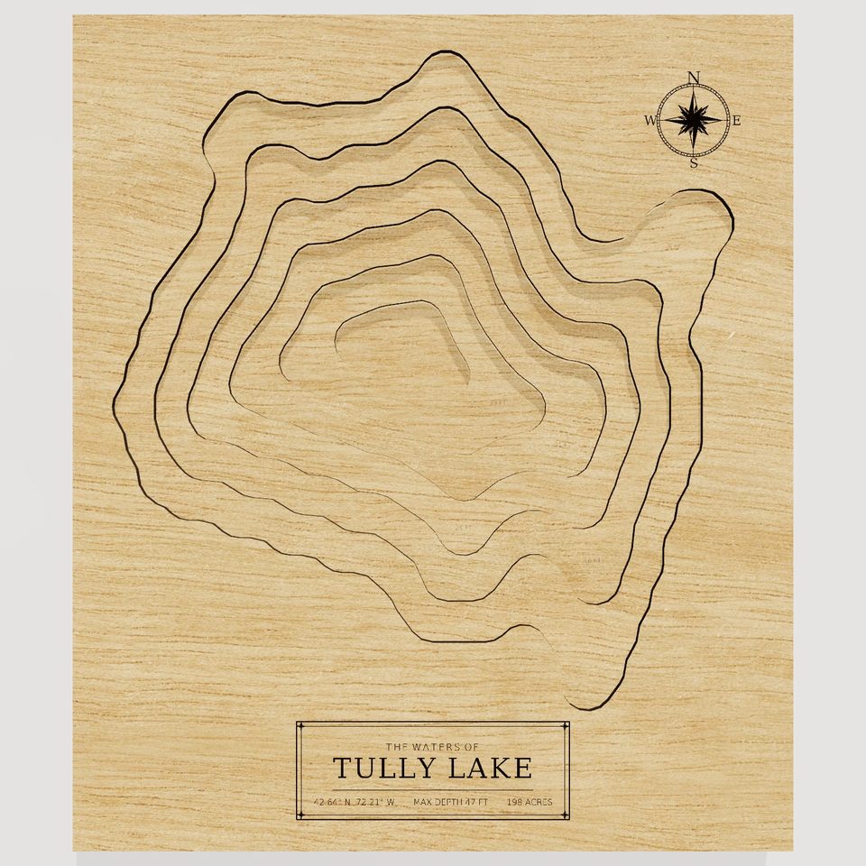 Tully Lake 3D wood map, front view