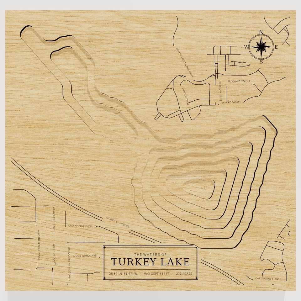 Turkey Lake 3D wood map, front view