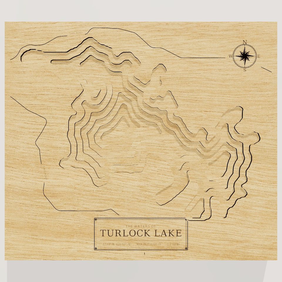 Turlock Lake 3D wood map, front view