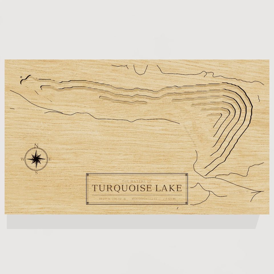 Turquoise Lake 3D wood map, front view