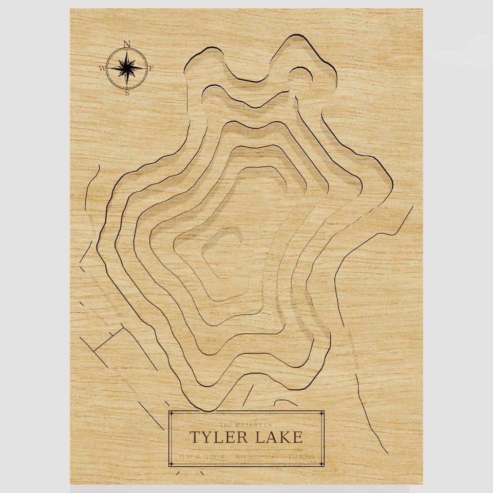 Tyler Lake 3D wood map, front view
