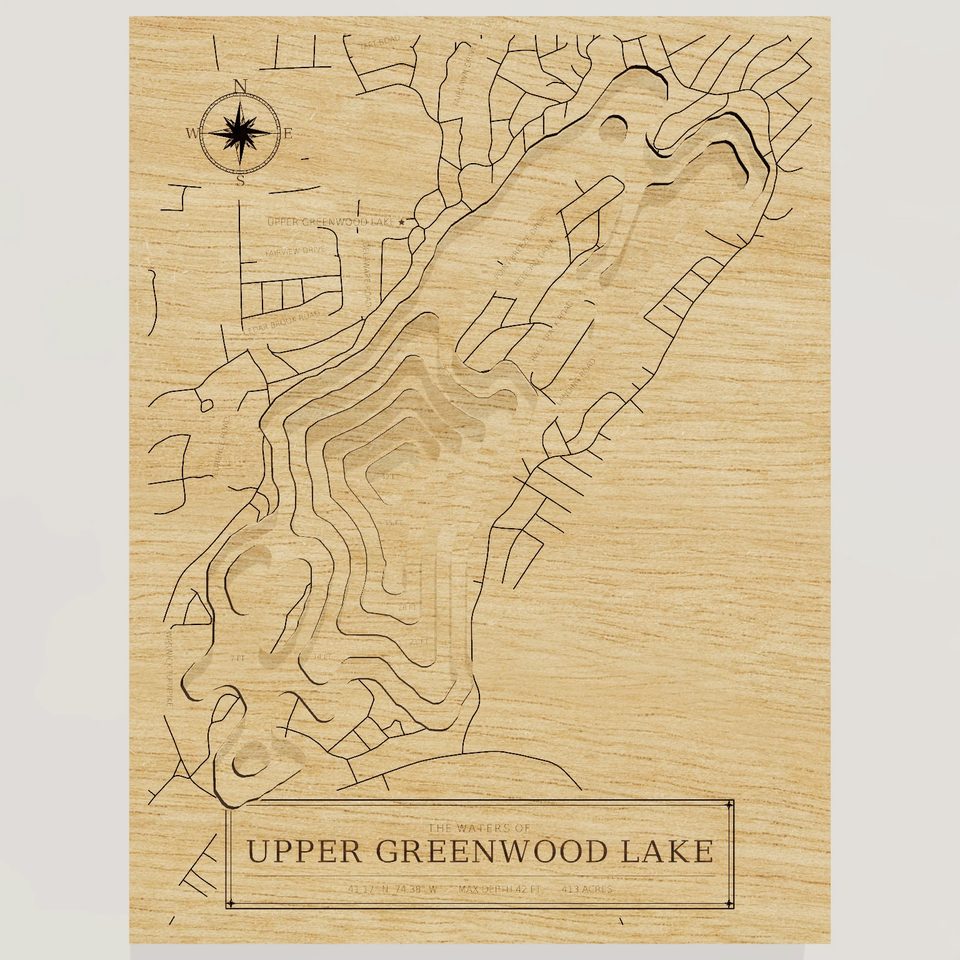 Upper Greenwood Lake 3D wood map, front view