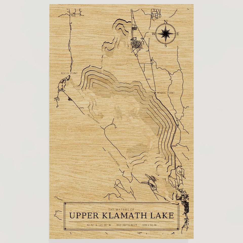 Upper Klamath Lake 3D wood map, front view