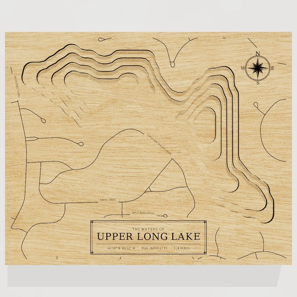 Upper Long Lake 3D wood map, front view