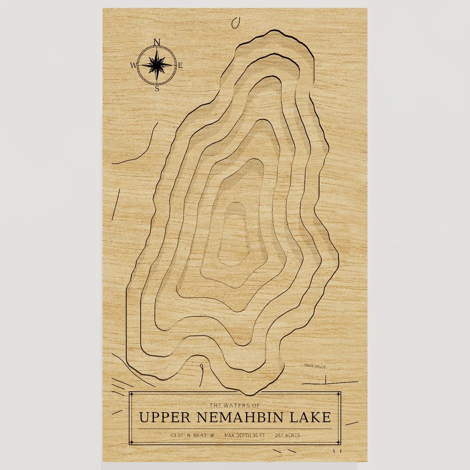 Upper Nemahbin Lake 3D wood map, front view