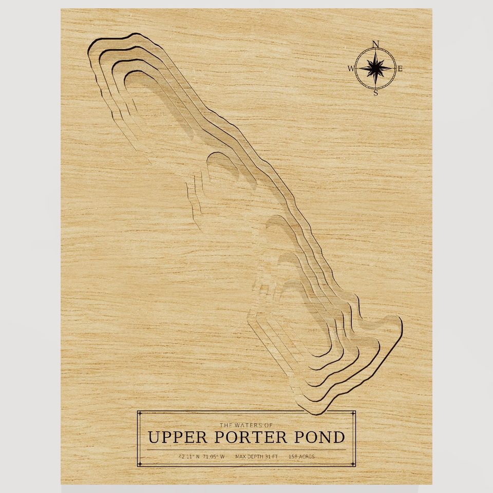 Upper Porter Pond 3D wood map, front view