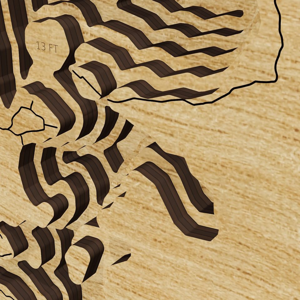 Upper Saranac Lake 3D wood map, detail view