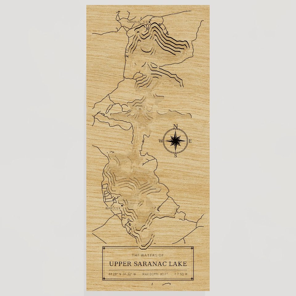 Upper Saranac Lake 3D wood map, front view
