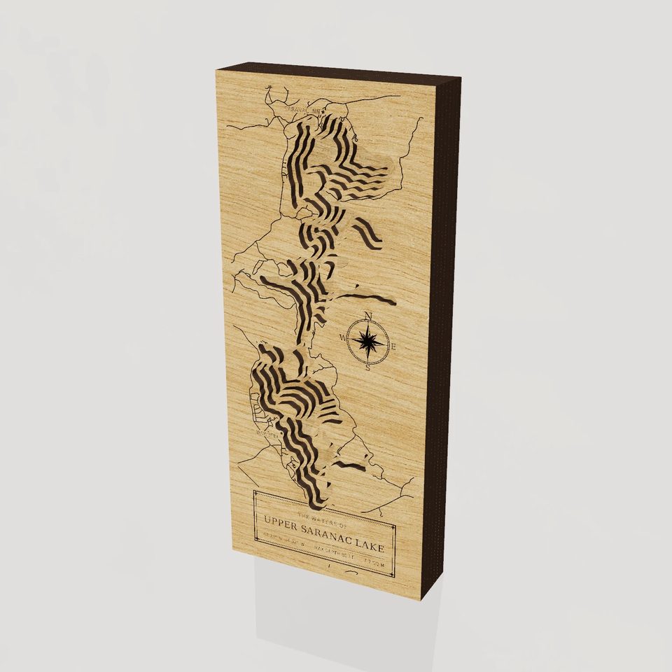 Upper Saranac Lake 3D wood map, hero view