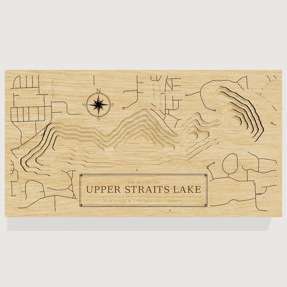 Upper Straits Lake 3D wood map, front view
