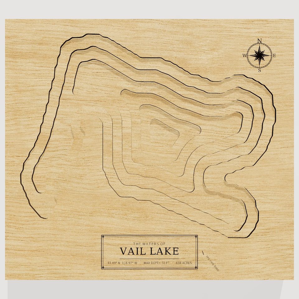 Vail Lake 3D wood map, front view