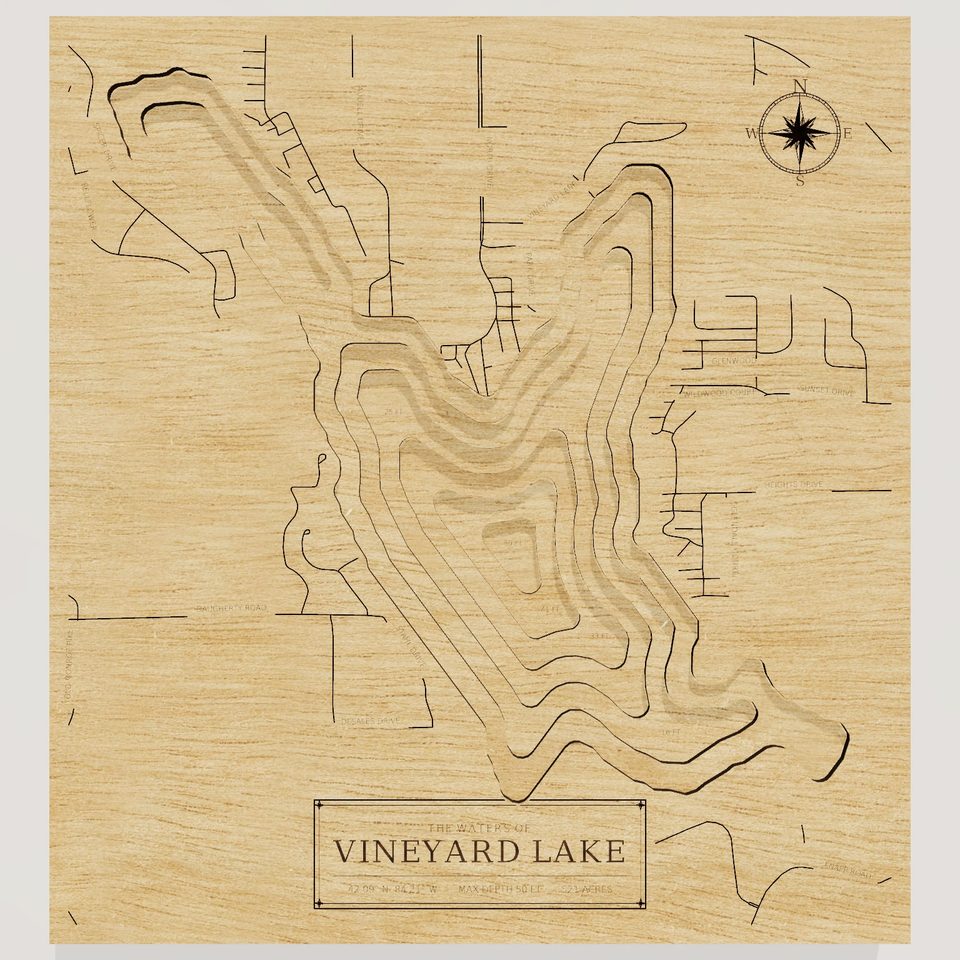 Vineyard Lake 3D wood map, front view