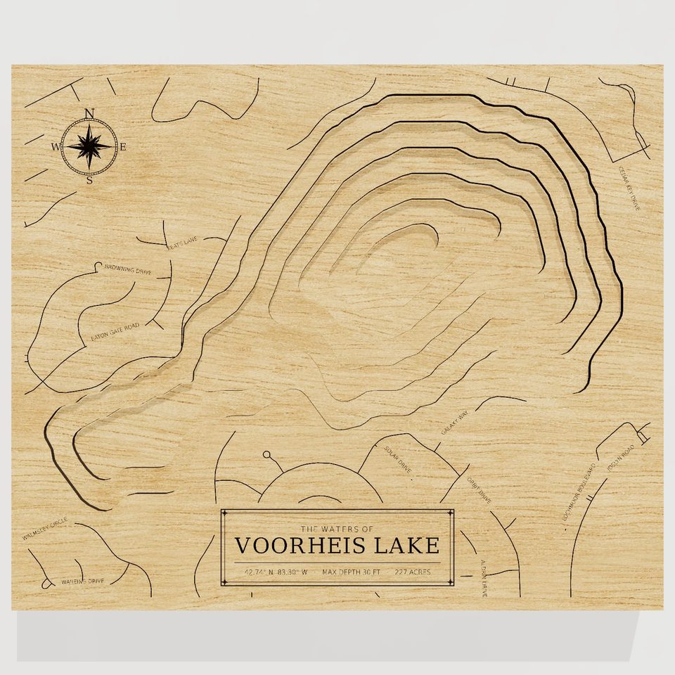 Voorheis Lake 3D wood map, front view